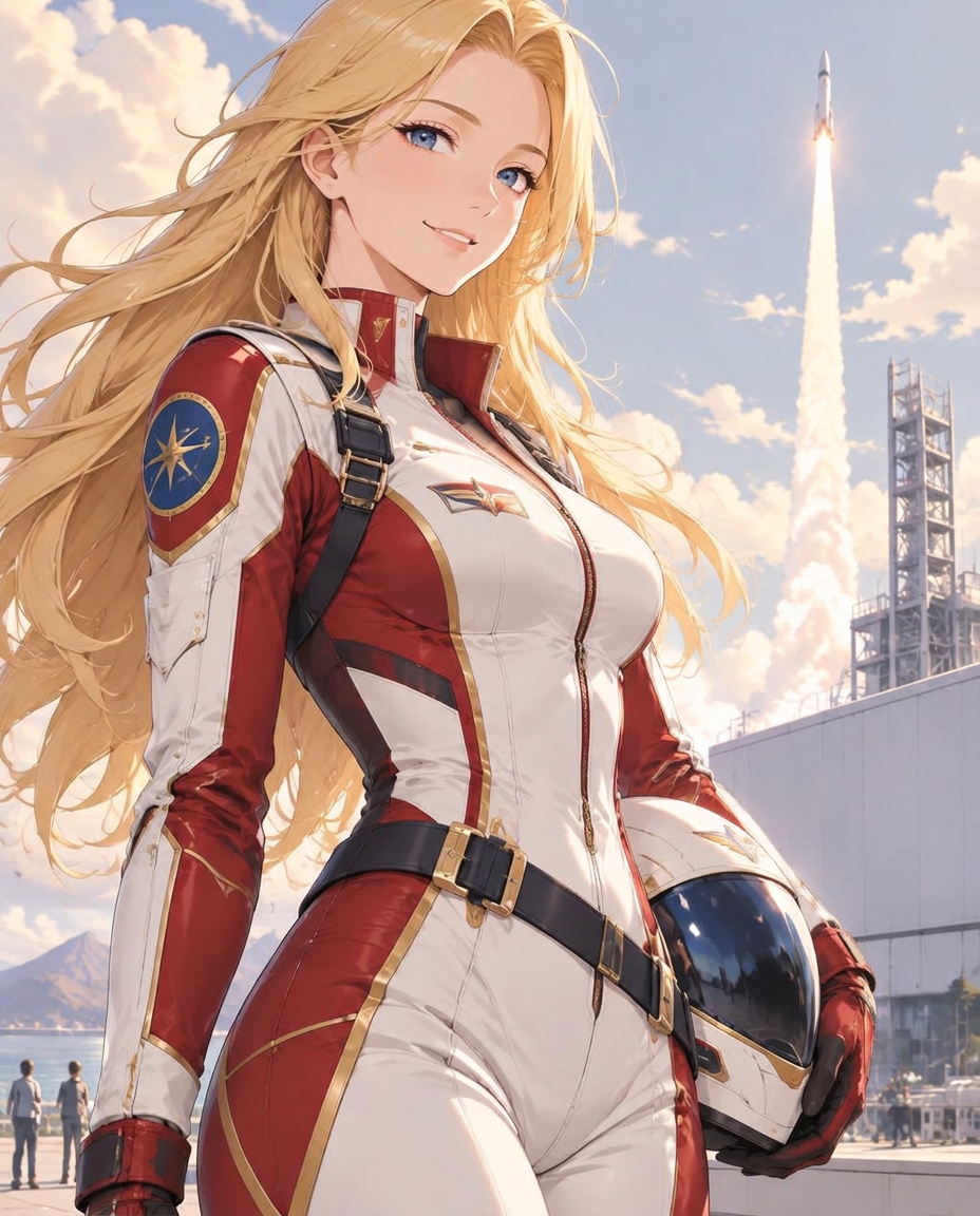 STELLA, a blonde anime pilot in a white and red flight suit